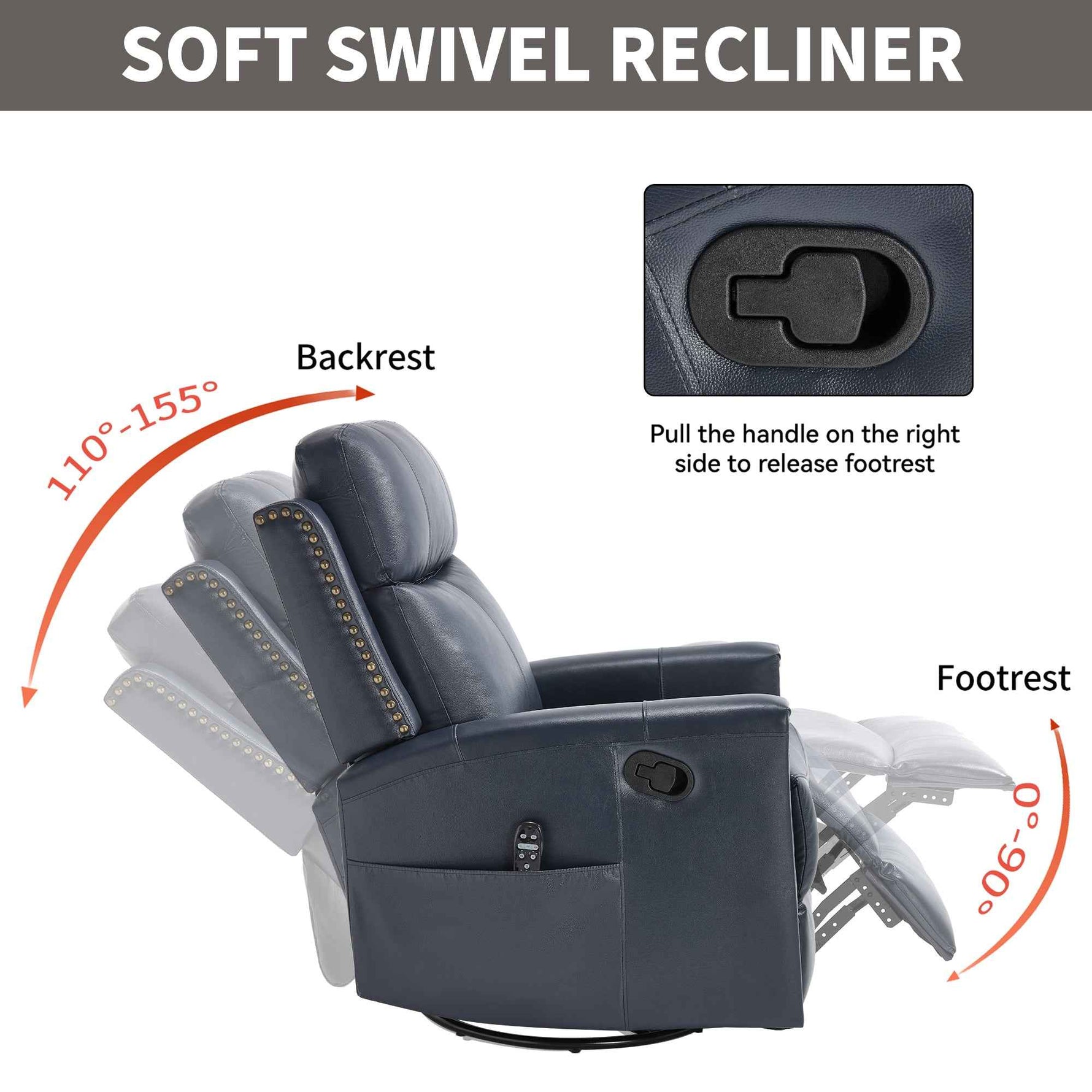 Genuine Leather Heat Massage Manual Recliner Chair with Rocker and Swivel for Living Room detail image 41