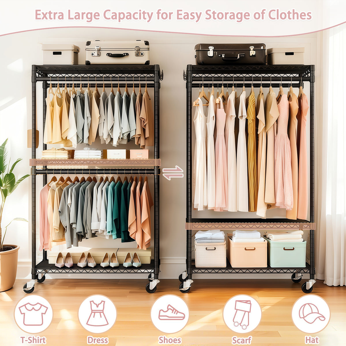Heavy Duty Rolling Clothes Rack with 3 Tier Shelves, 2 Rails & Side Hooks for workshop, garage, storage, or utility use