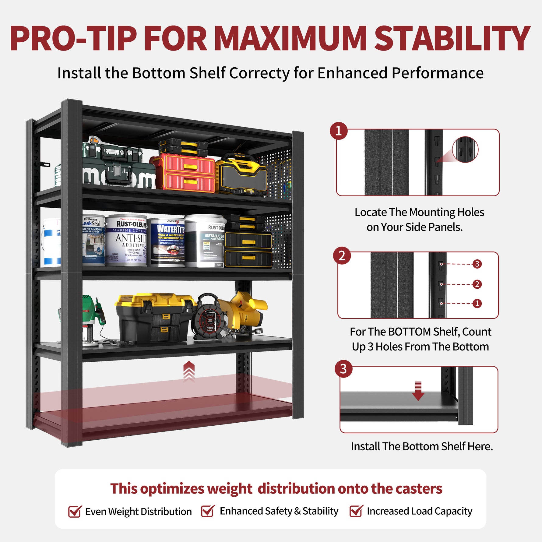 Industrial Heavy-Duty Metal 5-Tier Adjustable Shelving Unit with Pegboard for workshop, garage, storage, or utility use