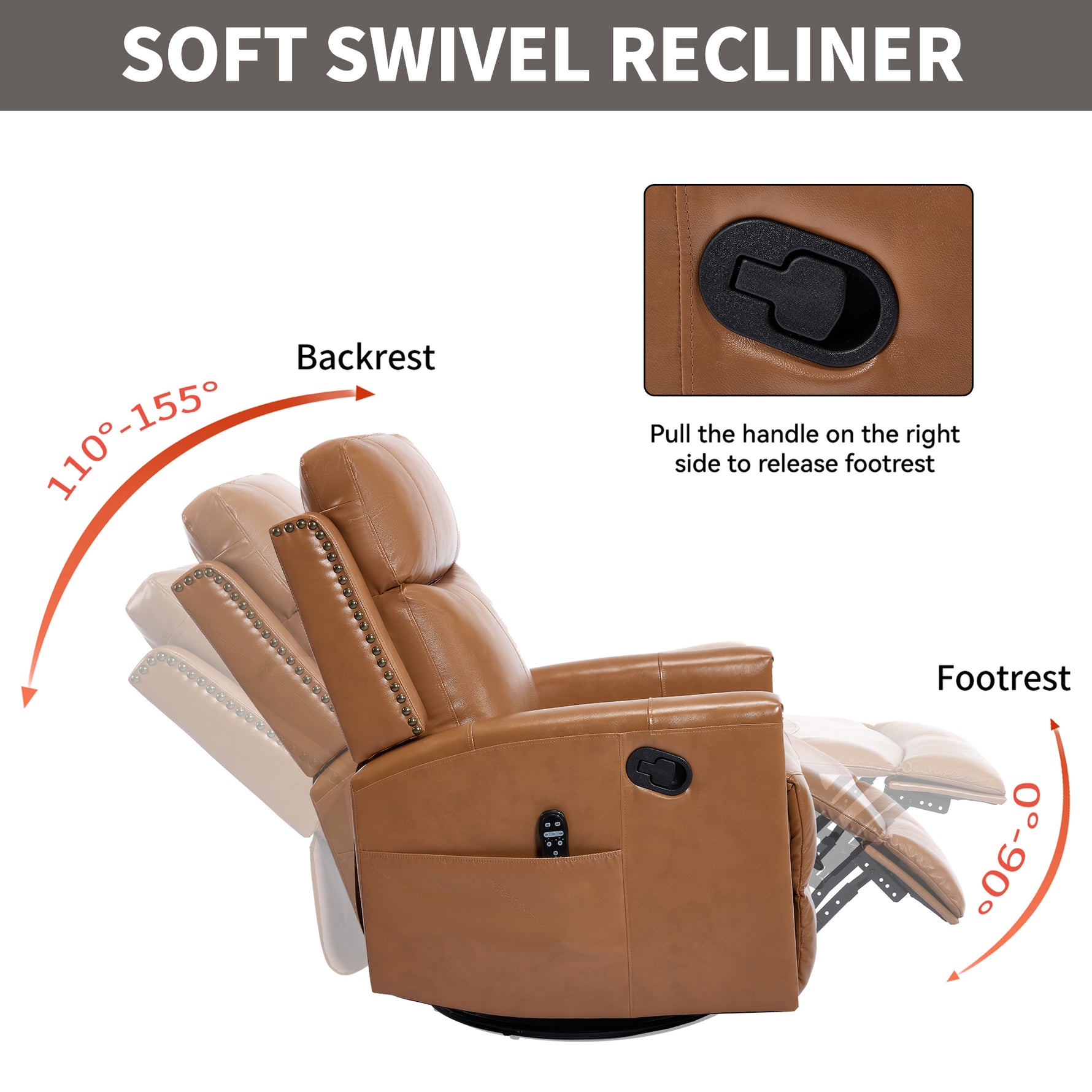 Genuine Leather Heat Massage Manual Recliner Chair with Rocker and Swivel for Living Room detail image 60