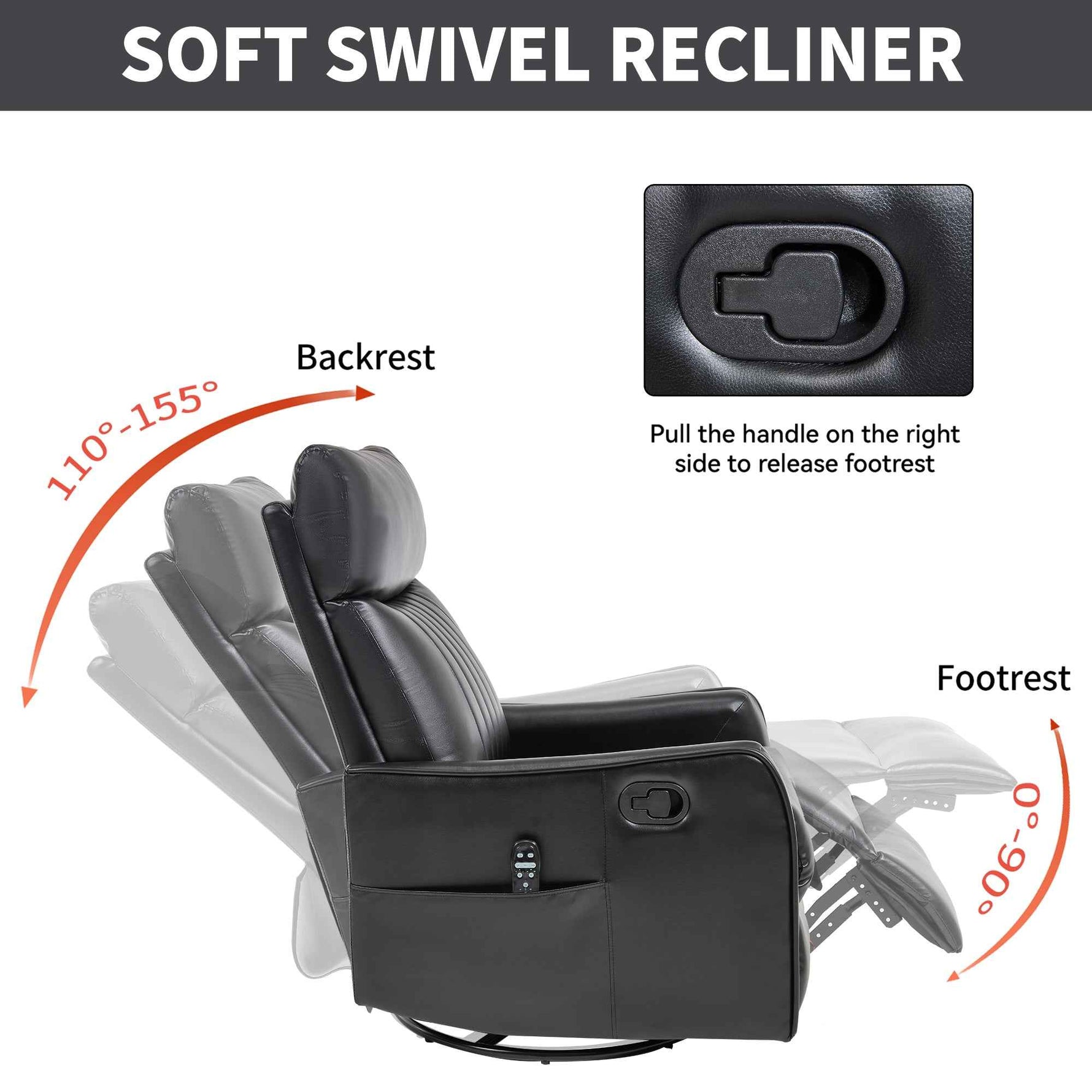 Faux Leather Heat Massage Manual Recliner Chair with Rocker and Swivel for Living Room detail image 5