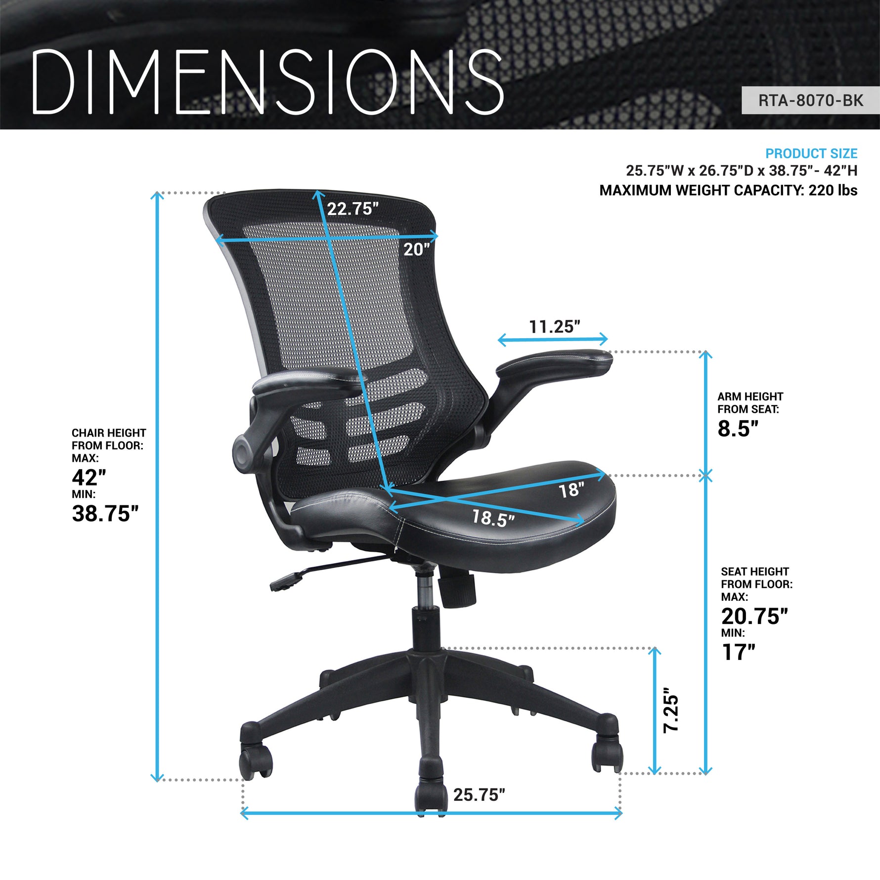 Techni Mobili Stylish Mid-Back Mesh Office Chair with Adjustable Arms, Black for home office seating