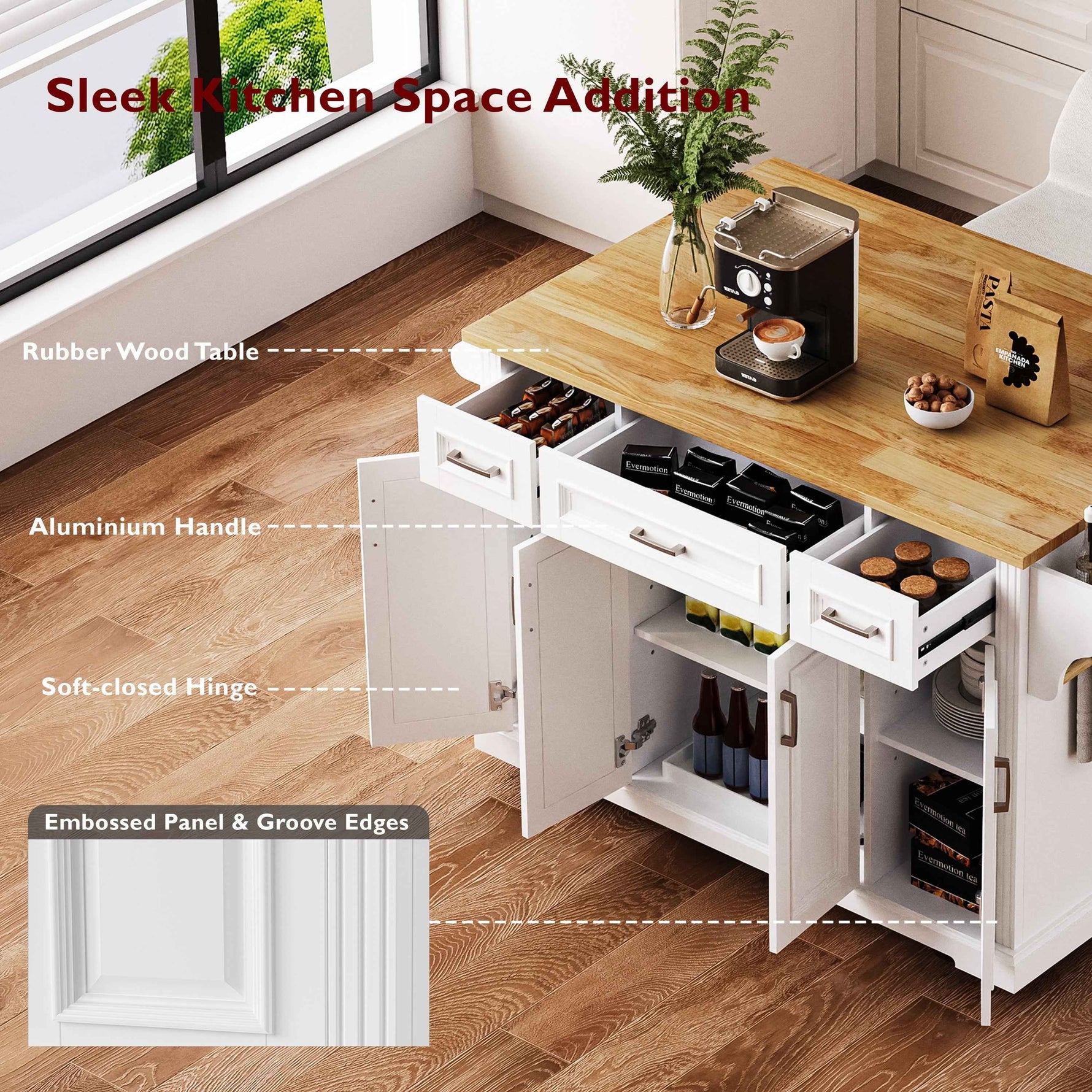 54 in. Rolling Kitchen Island with Drop Leaf & Storage product view 5