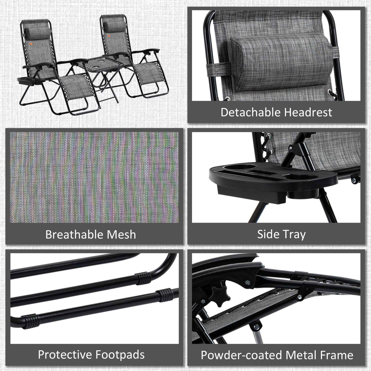 Outsunny Zero Gravity Chair Set with Side Table and Cup Holder detail image 12