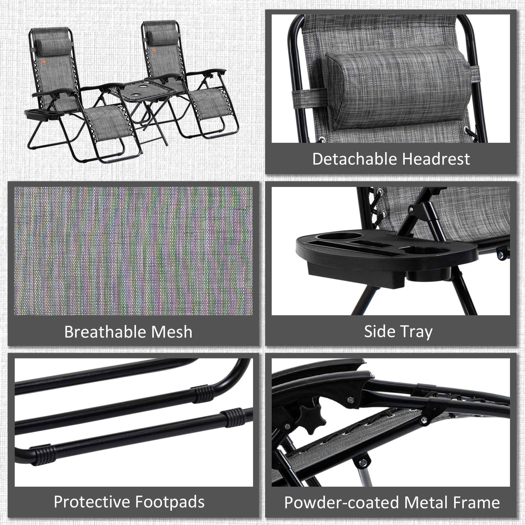 Outsunny Zero Gravity Chair Set with Side Table and Cup Holder detail image 12