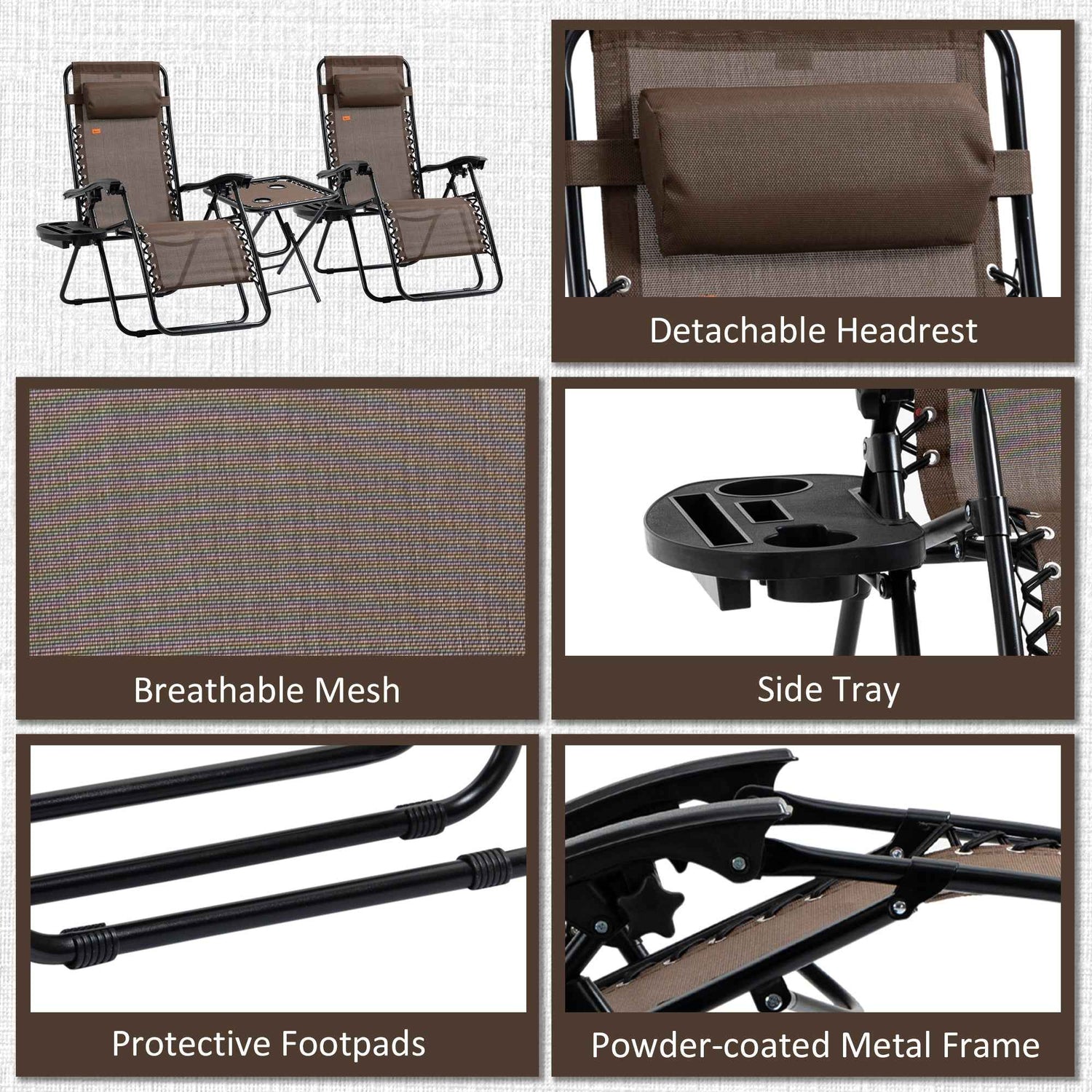 Outsunny Zero Gravity Chair Set with Side Table and Cup Holder detail image 2
