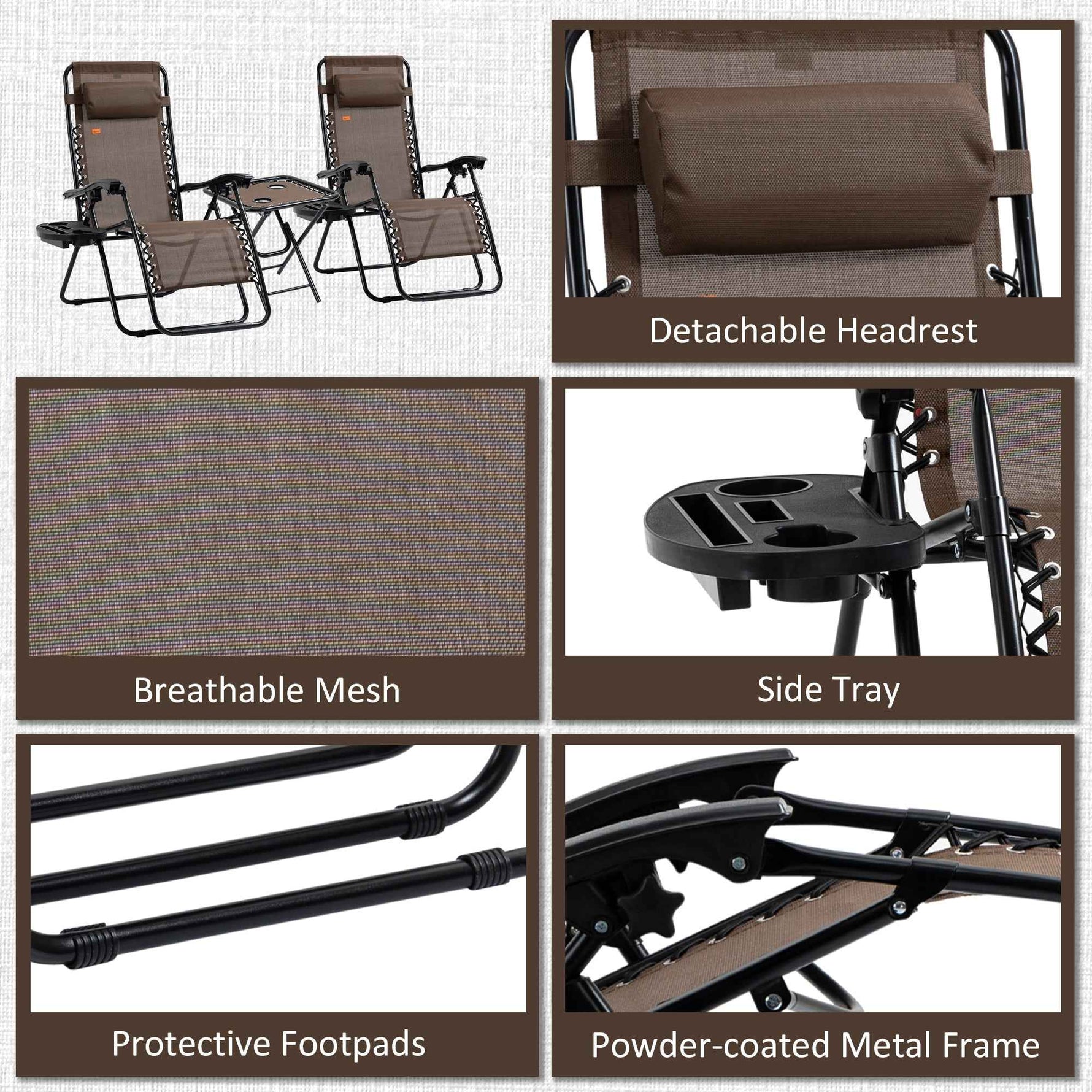Outsunny Zero Gravity Chair Set with Side Table and Cup Holder detail image 2