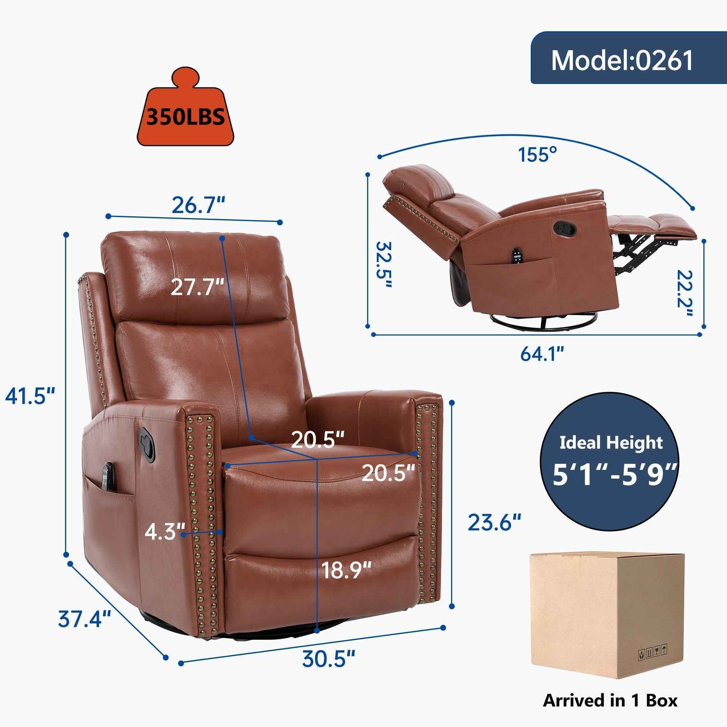 Genuine Leather Heat Massage Manual Recliner Chair with Rocker and Swivel for Living Room detail image 2