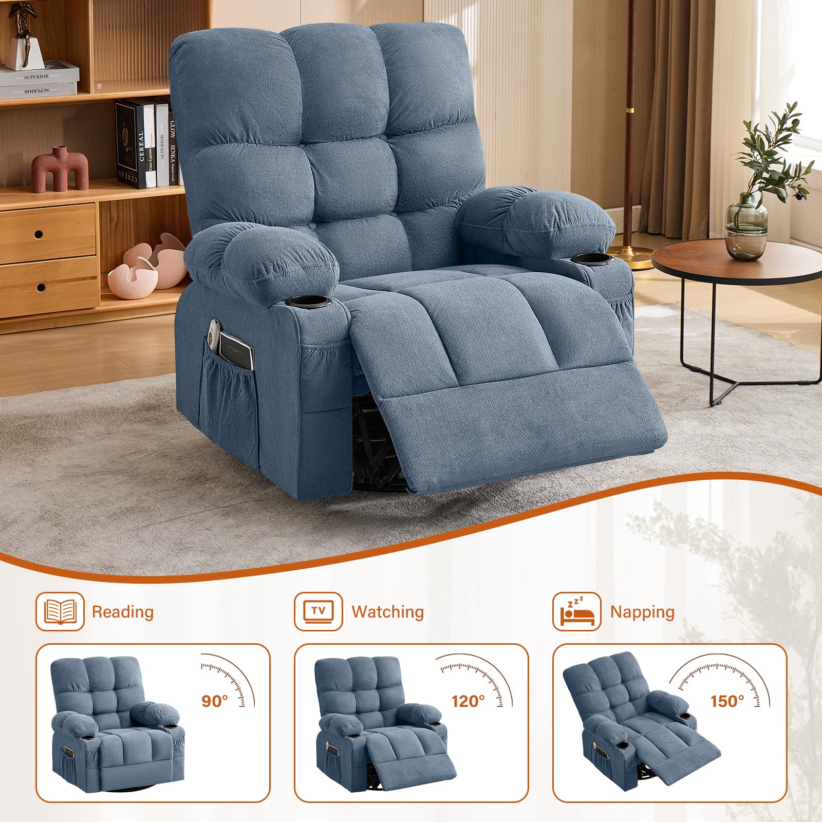 Massage Swivel Rocker Recliner Chair with Vibration, Lumbar Heating, Side Pocket detail image 6