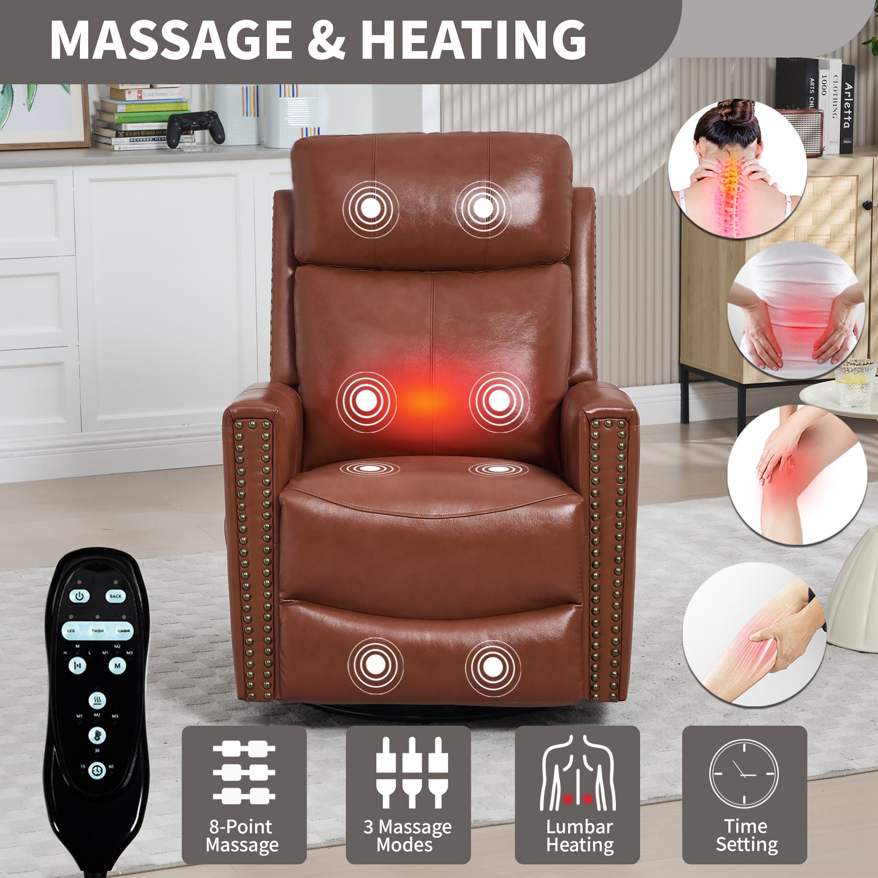 Genuine Leather Heat Massage Manual Recliner Chair with Rocker and Swivel for Living Room detail image 8