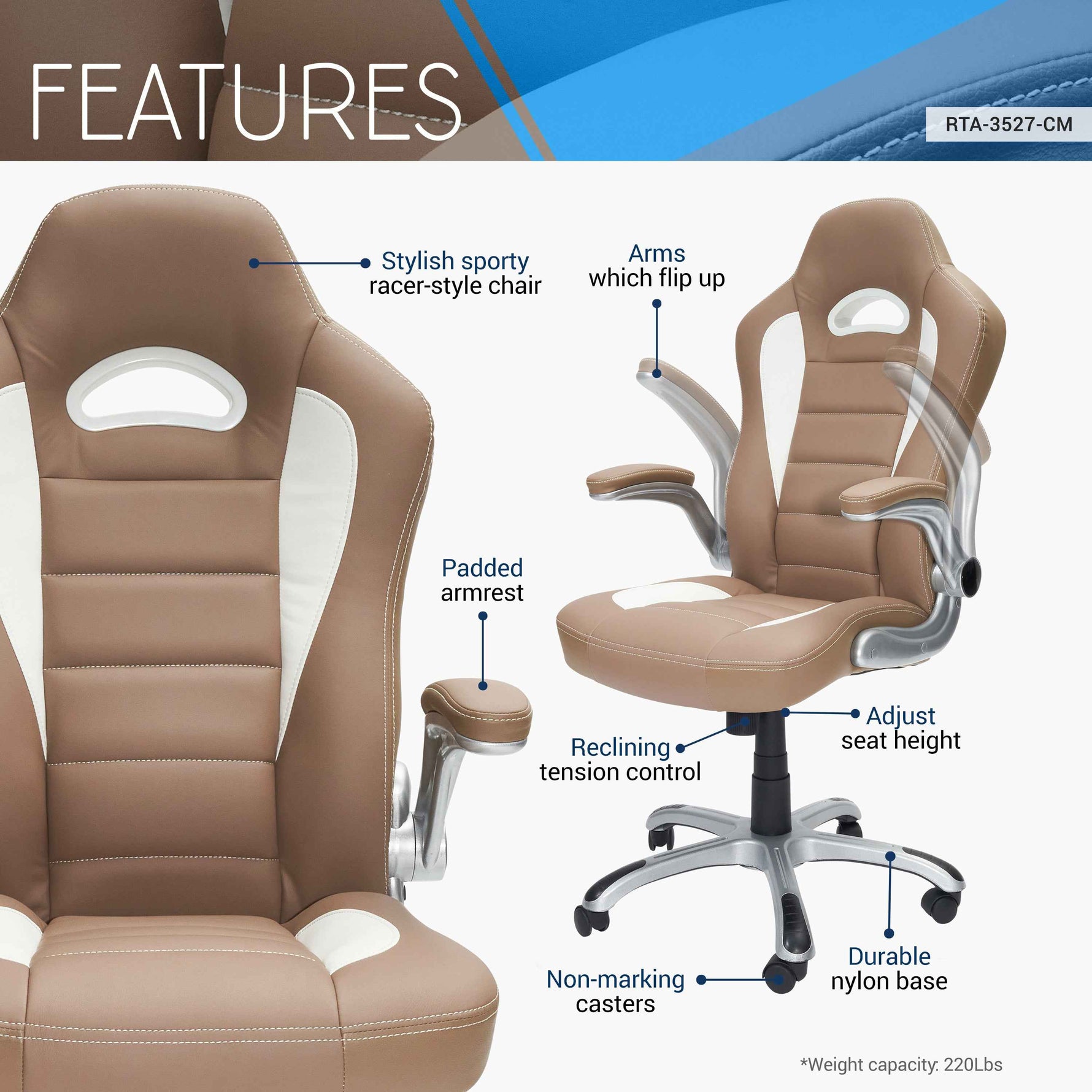 Techni Mobili High-Back Sport Office Chair, Camel for home office seating