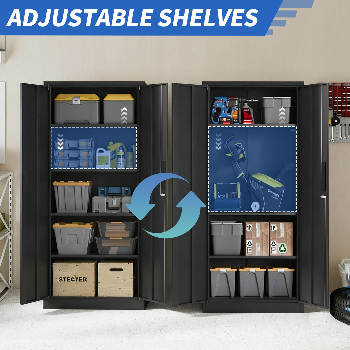 Locking Steel Garage Storage Cabinet with 4 Adjustable Shelves for workshop, garage, storage, or utility use