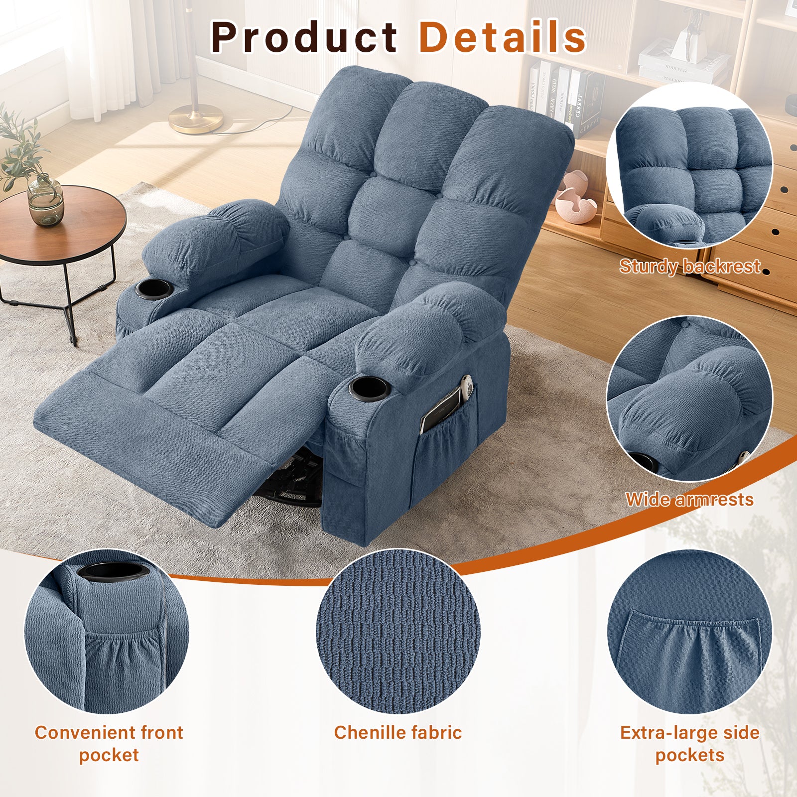 Massage Swivel Rocker Recliner Chair with Vibration, Lumbar Heating, Side Pocket detail image 7