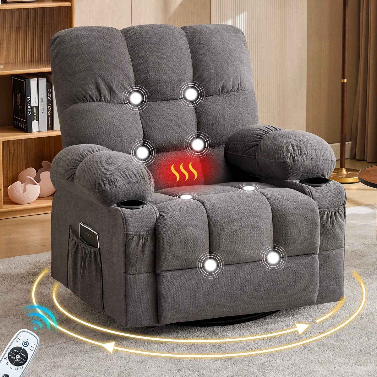 Massage Swivel Rocker Recliner Chair with Vibration, Lumbar Heating, Side Pocket detail image 22
