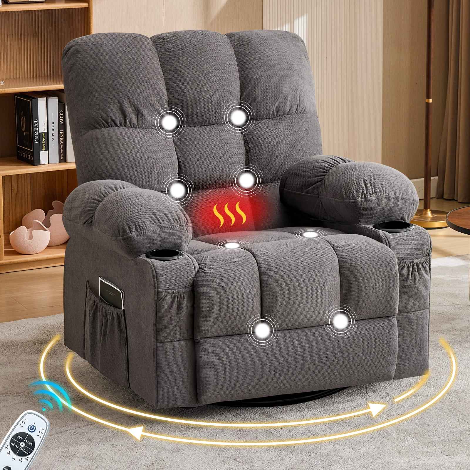 Massage Swivel Rocker Recliner Chair with Vibration, Lumbar Heating, Side Pocket detail image 22