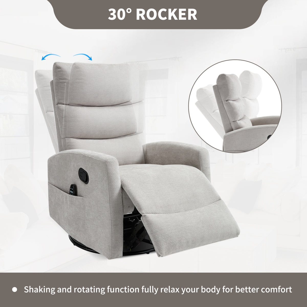 Heat Massage Manual Recliner Chair with Rocker and Swivel in Fabric for Living Room detail image 31