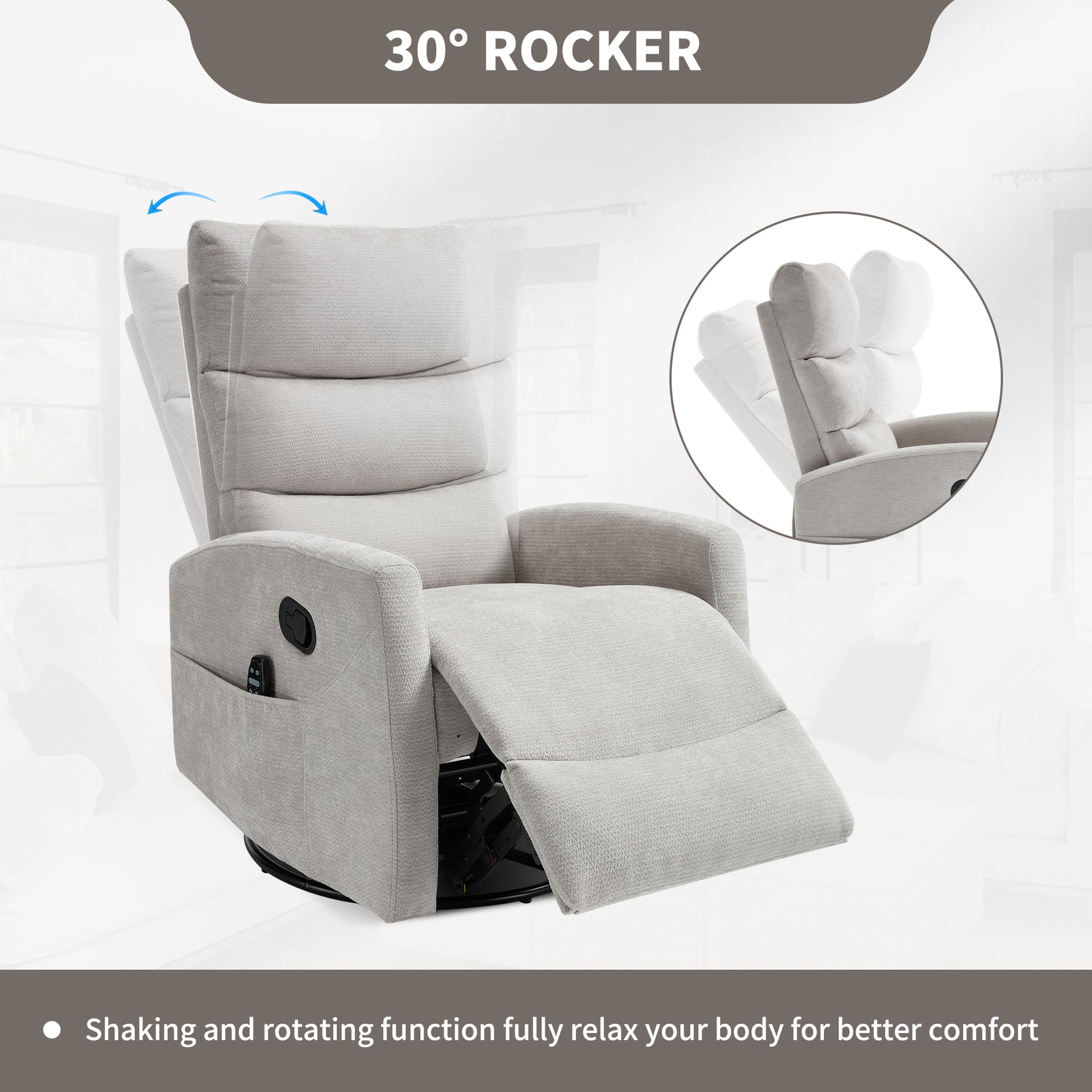 Heat Massage Manual Recliner Chair with Rocker and Swivel in Fabric for Living Room detail image 31