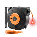 Retractable Heavy-Duty Extension Cord Reel with Triple-Tap Outlet for workshop, garage, storage, or utility use