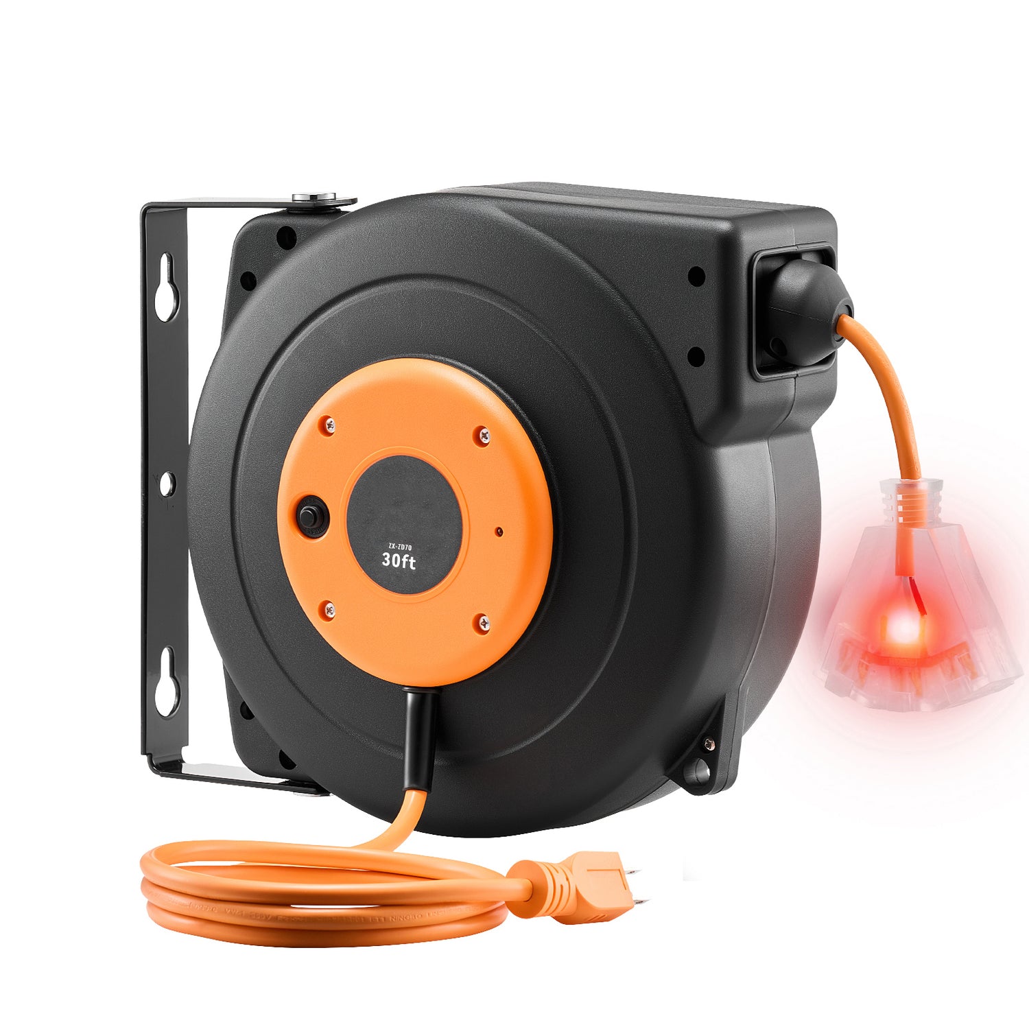 Retractable Heavy-Duty Extension Cord Reel with Triple-Tap Outlet for workshop, garage, storage, or utility use