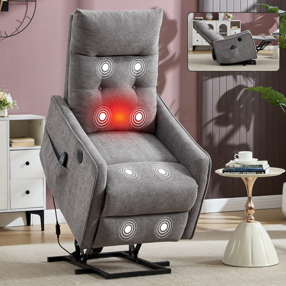 Chenille Single-Motor Power Lift Recliner with Massage & Heat detail image 10