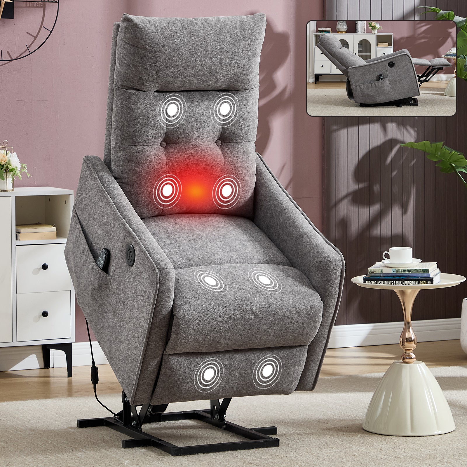Chenille Single-Motor Power Lift Recliner with Massage & Heat detail image 10