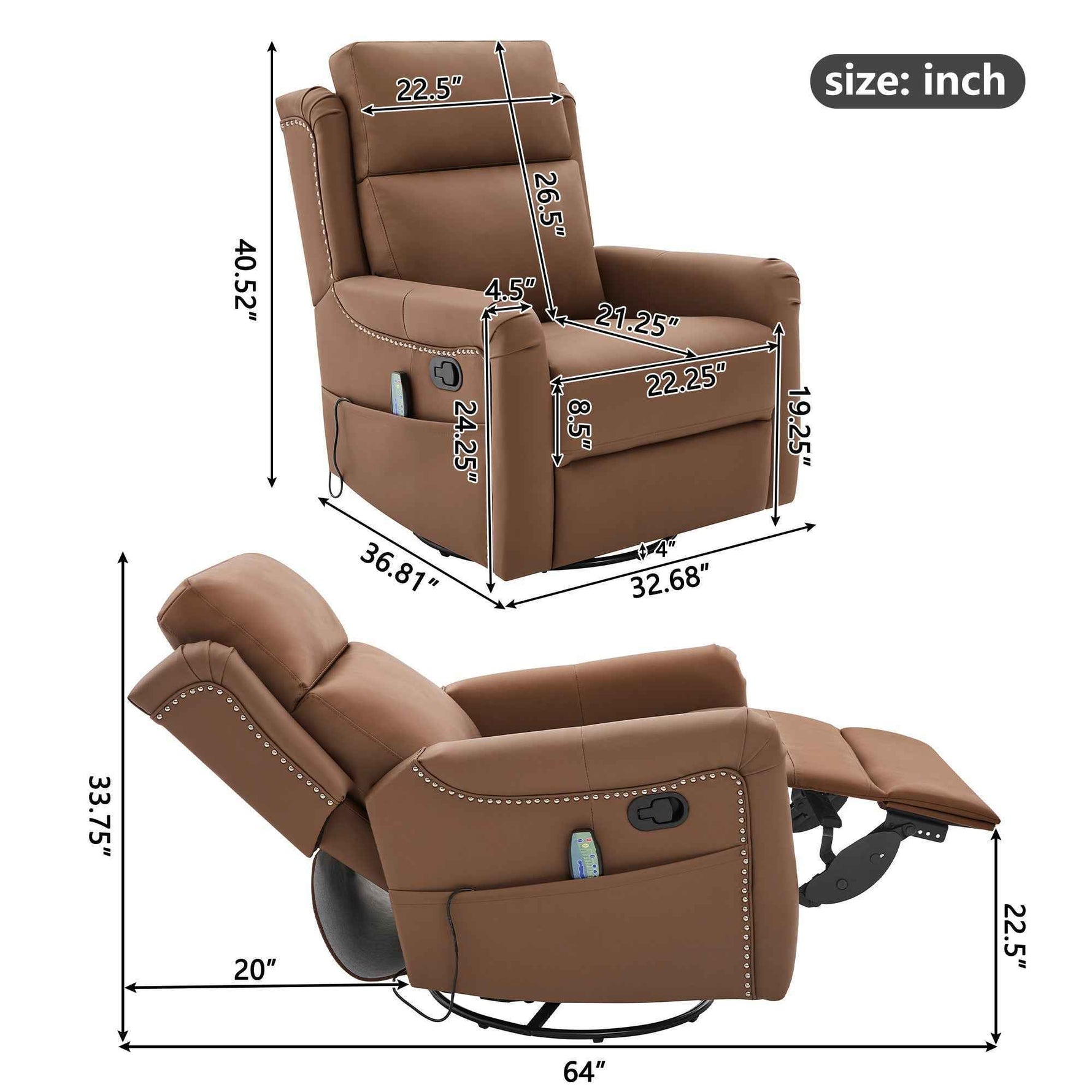 Modern Manual Recliner with 8-Point Massage and Heating, Swivel Rocking detail image 3