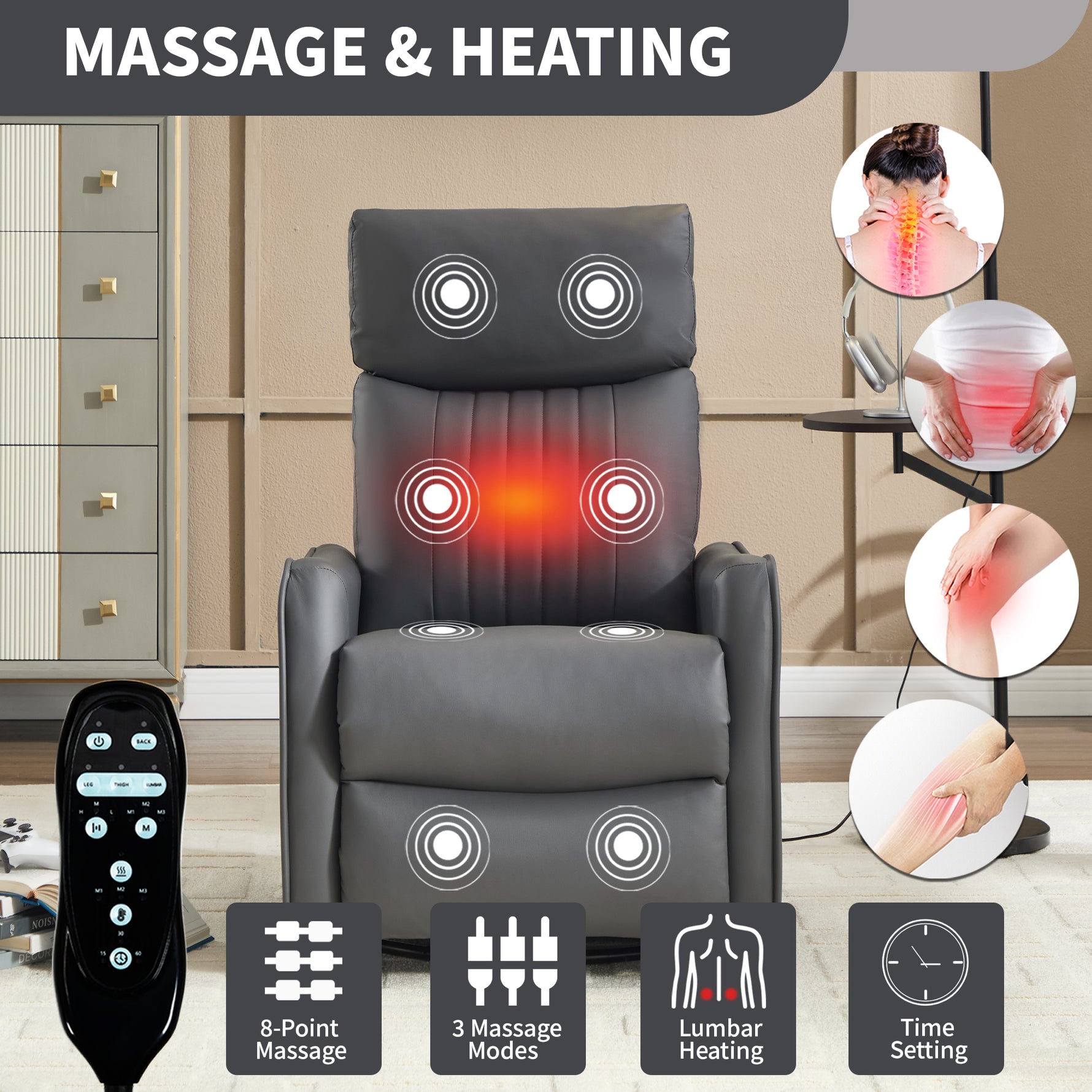 Faux Leather Heat & Massage Manual Rocker Swivel Recliner detail image 8