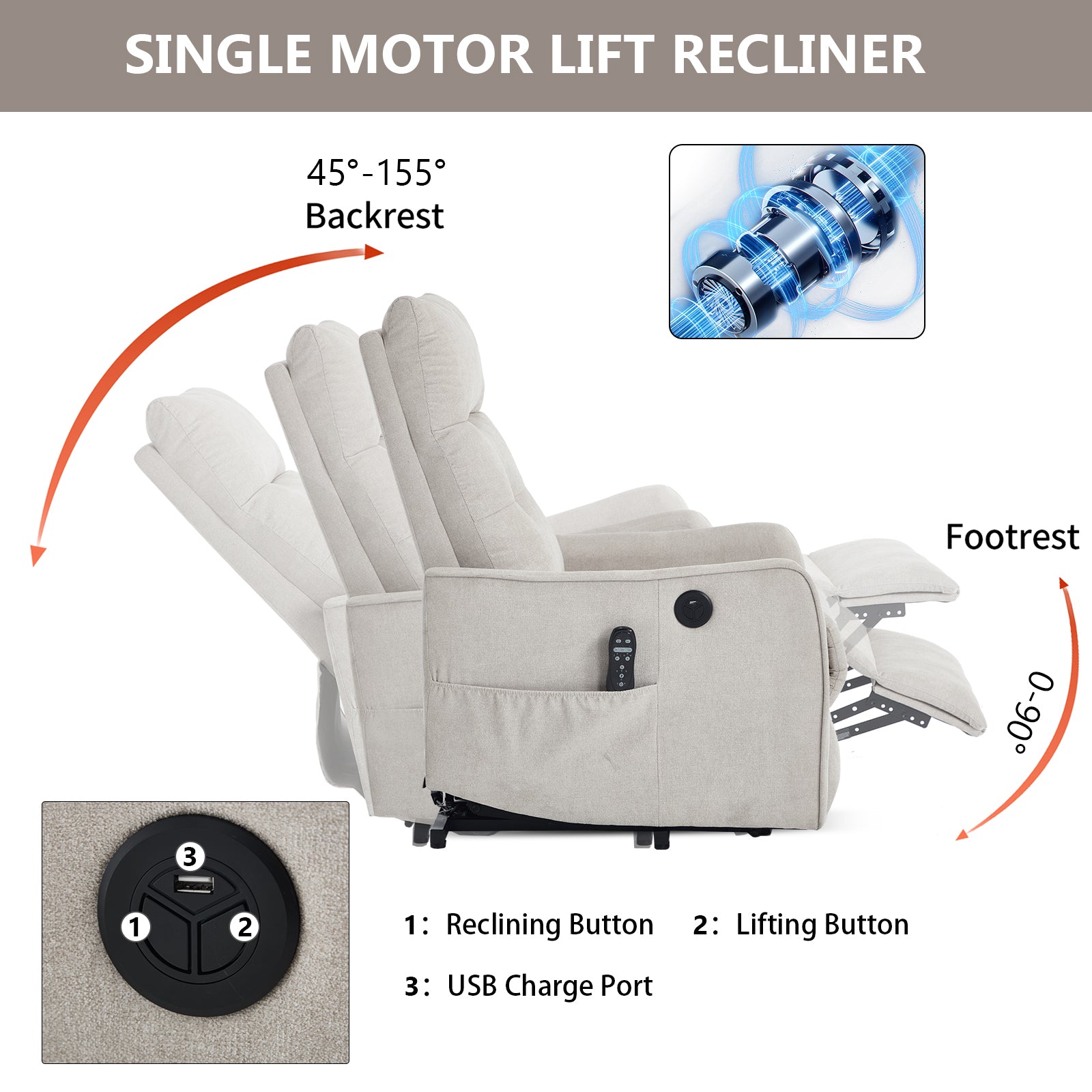 Single Motor Power Lift Recliner Chair with Massage & Heat detail image 41