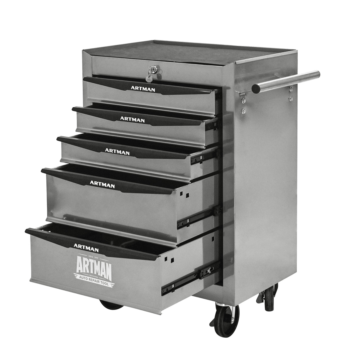 Rolling 5-Drawer Steel Tool Chest with Stainless Steel Top for workshop, garage, storage, or utility use