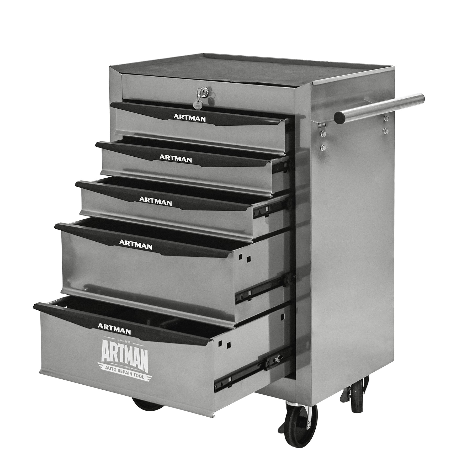 Rolling 5-Drawer Steel Tool Chest with Stainless Steel Top for workshop, garage, storage, or utility use