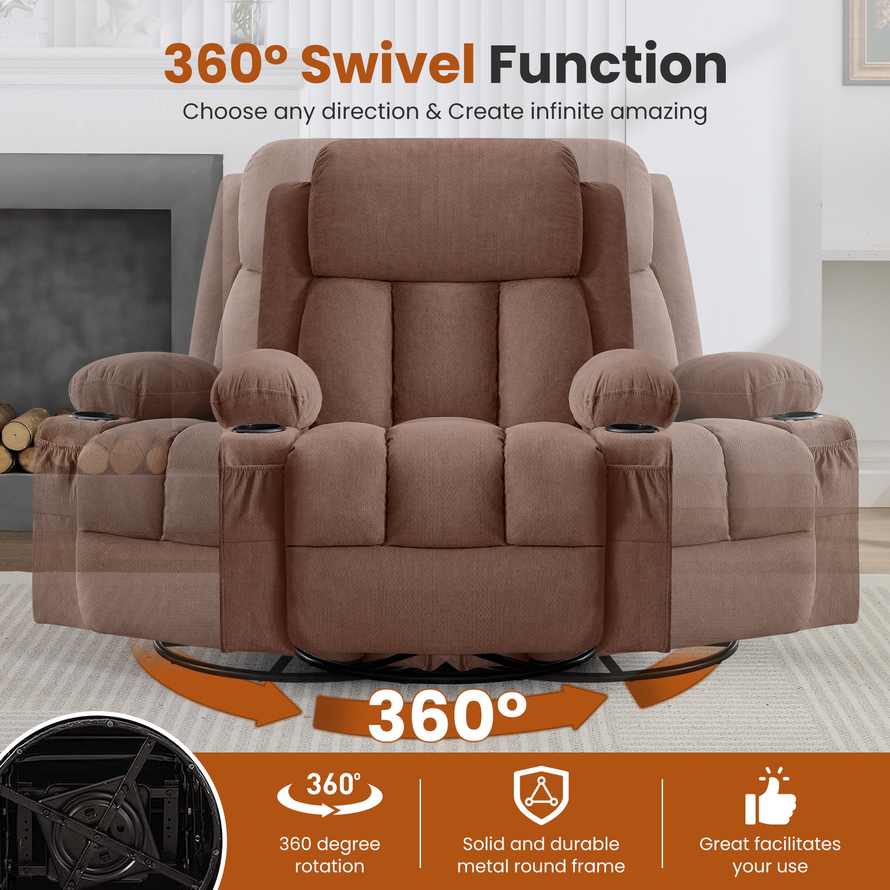 Swivel Rocker Recliner Chair with Vibration Massage, Heat, USB Port and Cup Holderrs detail image 7