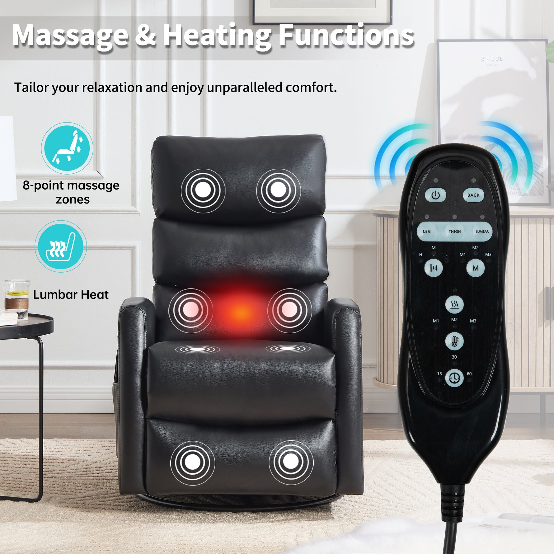 Heat Massage Manual Recliner Chair with Rocker and Swivel in Fabric for Living Room detail image 6