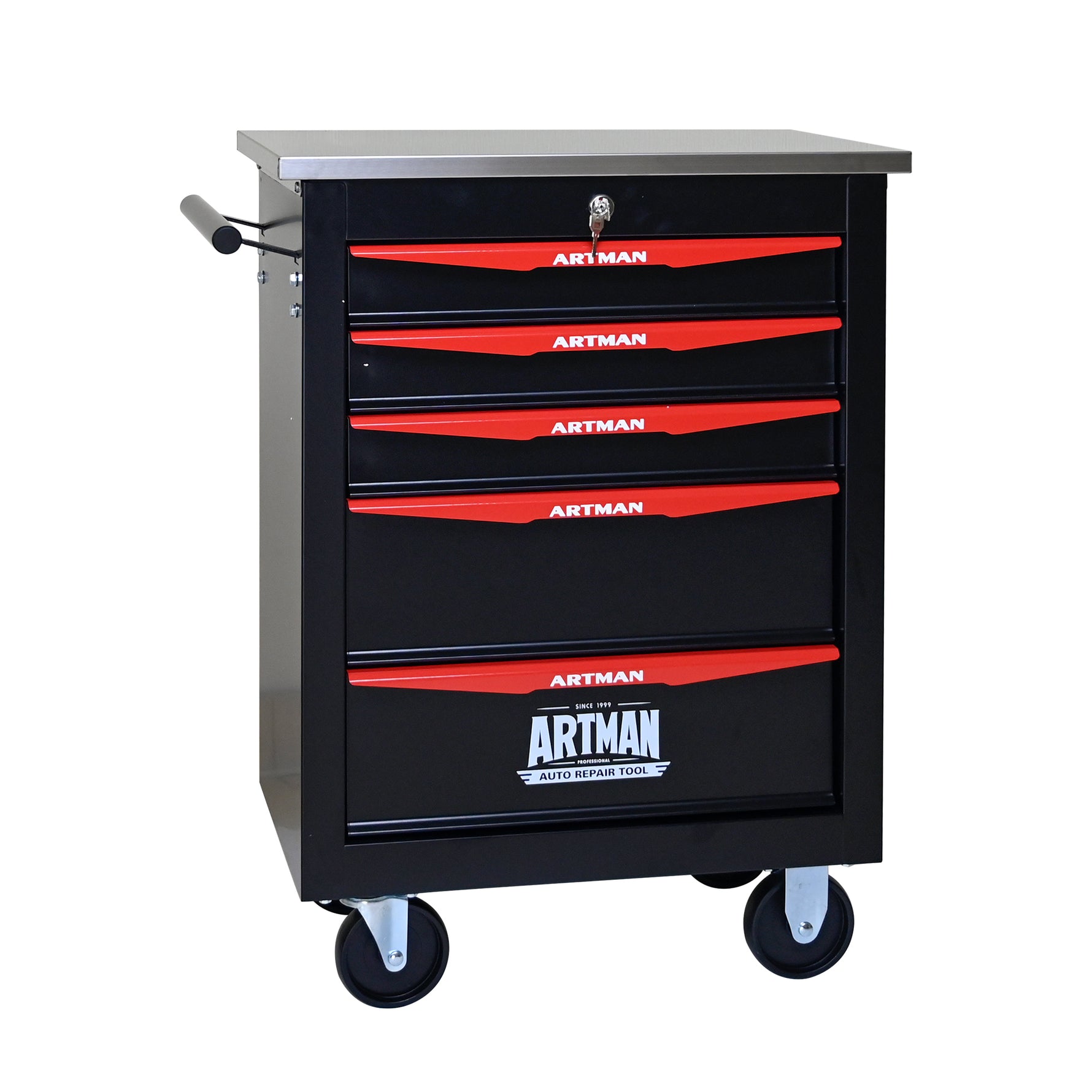 Rolling 5-Drawer Steel Tool Chest with Stainless Steel Top for workshop, garage, storage, or utility use