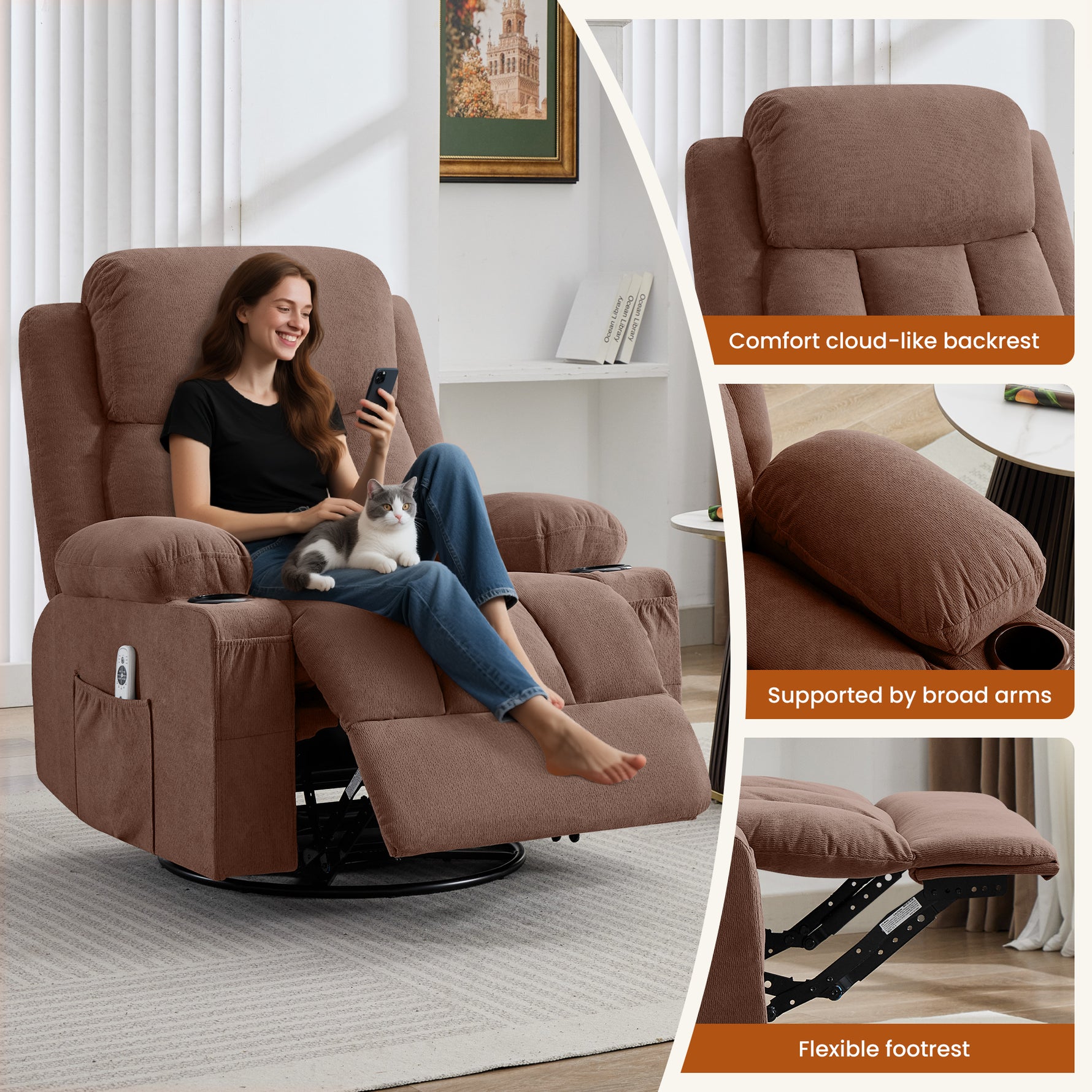 Swivel Rocker Recliner Chair with Vibration Massage, Heat, USB Port and Cup Holderrs detail image 8
