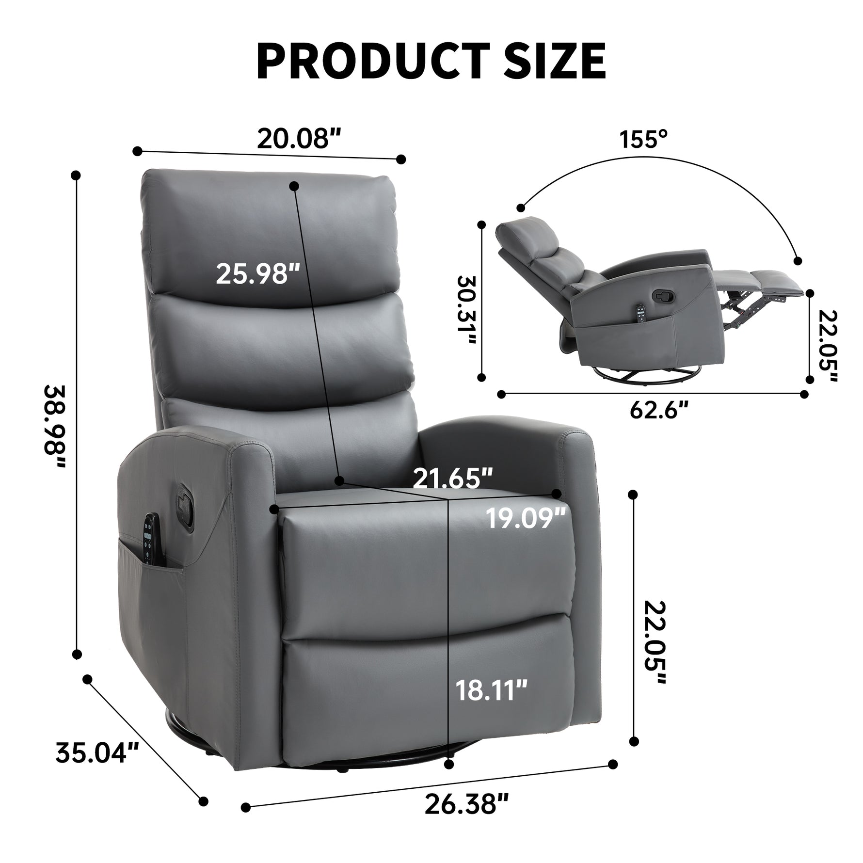 Heat Massage Manual Recliner Chair with Rocker and Swivel in Faux Leather for Living Room detail image 8