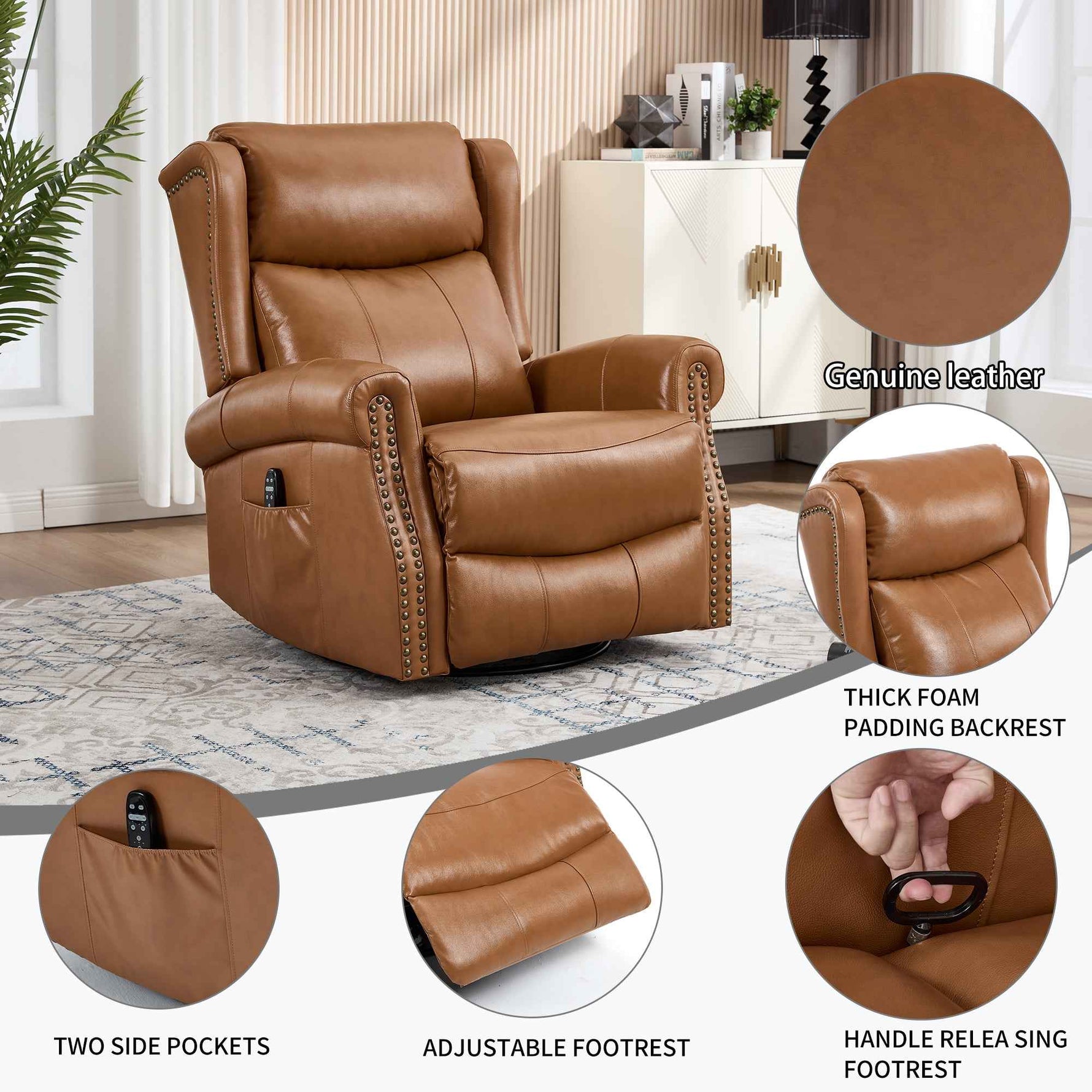 Heat Massage Manual Recliner Chair with Rocker and Swivel for Living Room detail image 79