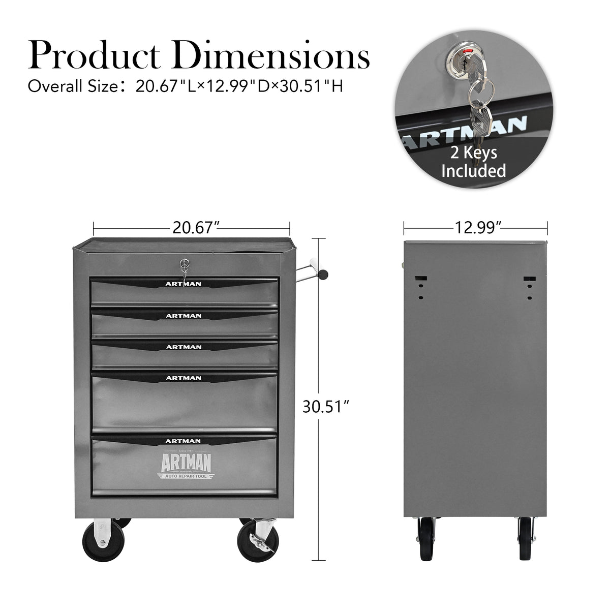 Rolling 5-Drawer Steel Tool Chest with Stainless Steel Top for workshop, garage, storage, or utility use