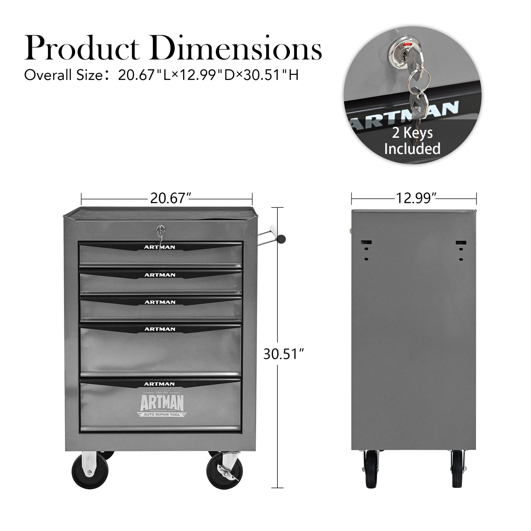 Rolling 5-Drawer Steel Tool Chest with Stainless Steel Top for workshop, garage, storage, or utility use