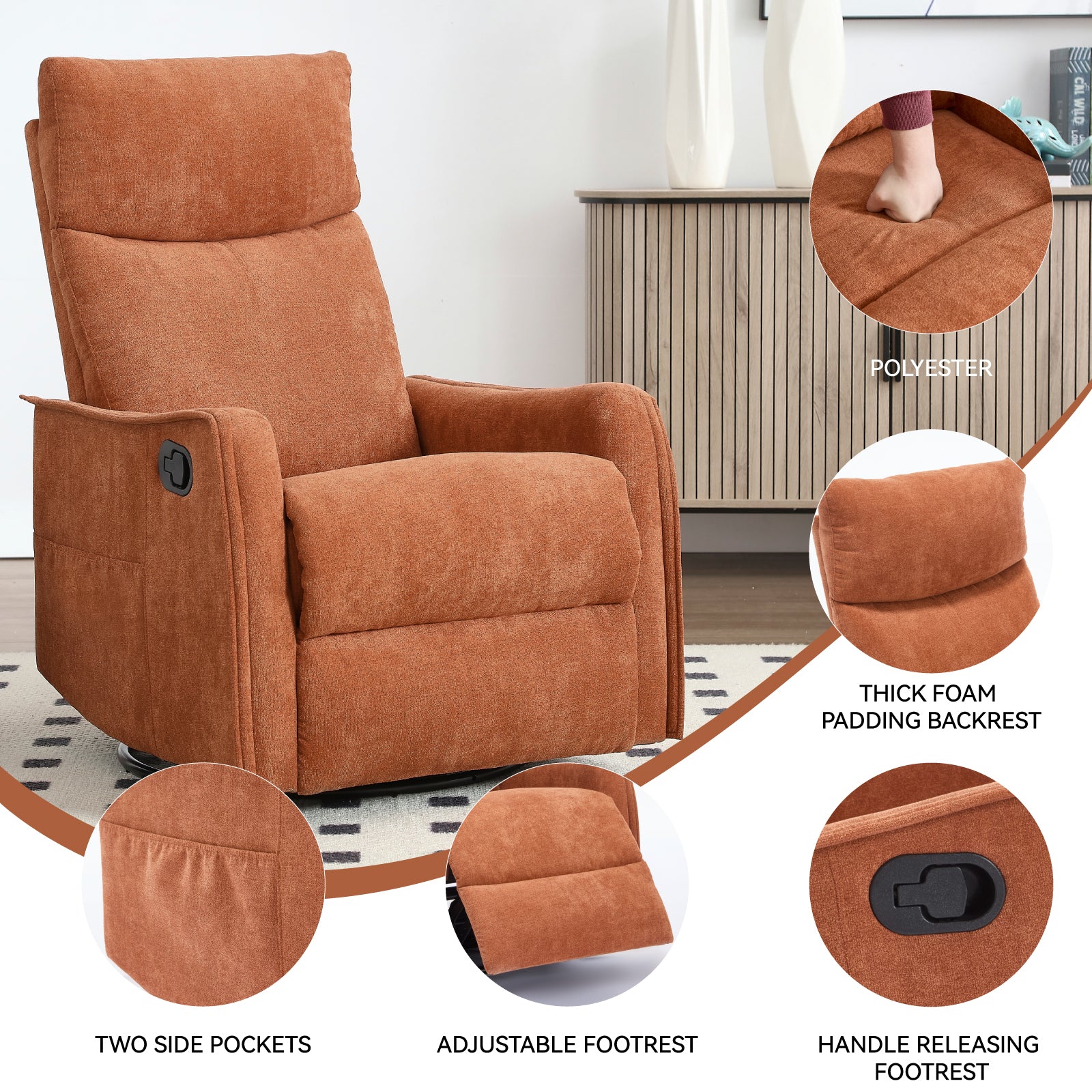 Heat Massage Manual Recliner Chair with Rocker and Swivel in Fabric for Living Room detail image 10