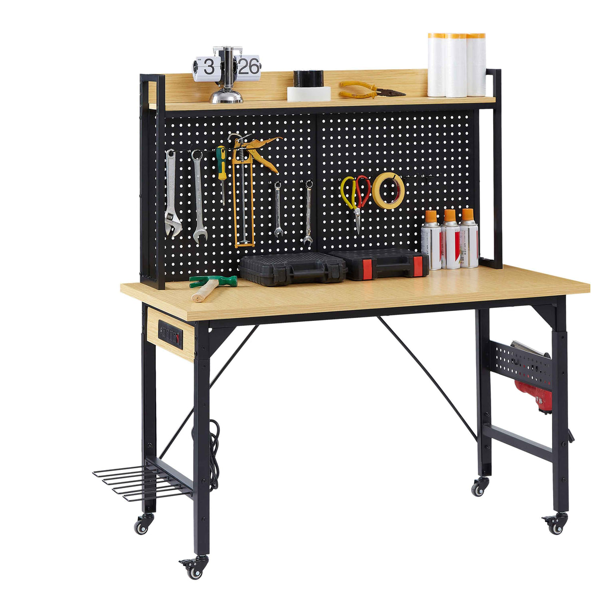 Heavy-Duty Adjustable Workbench with Pegboard & Wheels workshop project bench
