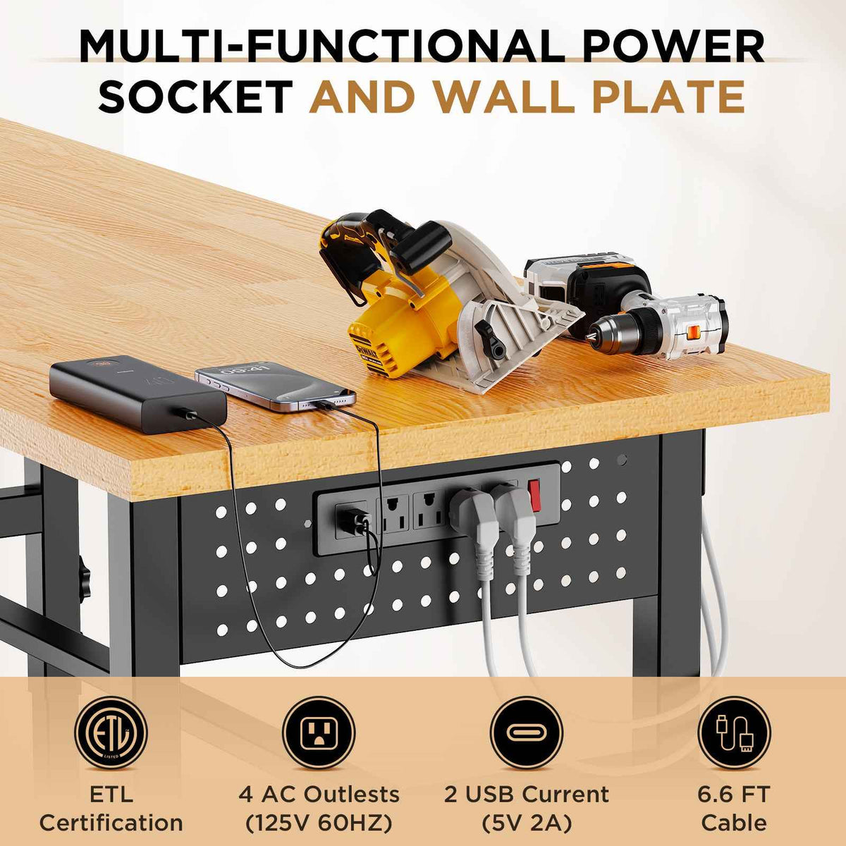 96" Adjustable Workbench with Pegboard & Power for workshop, garage, storage, or utility use