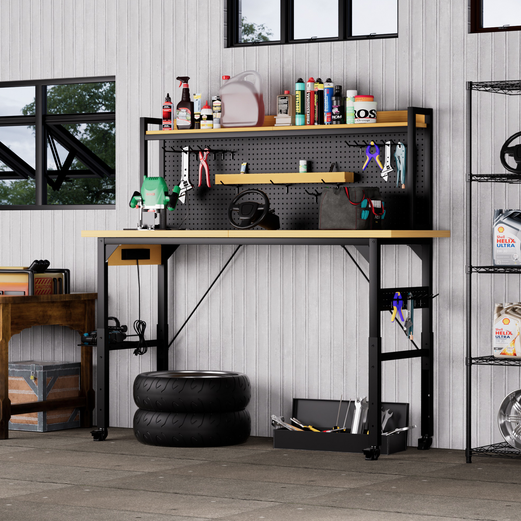 Heavy-Duty Adjustable Workbench with Pegboard & Wheels workshop project bench