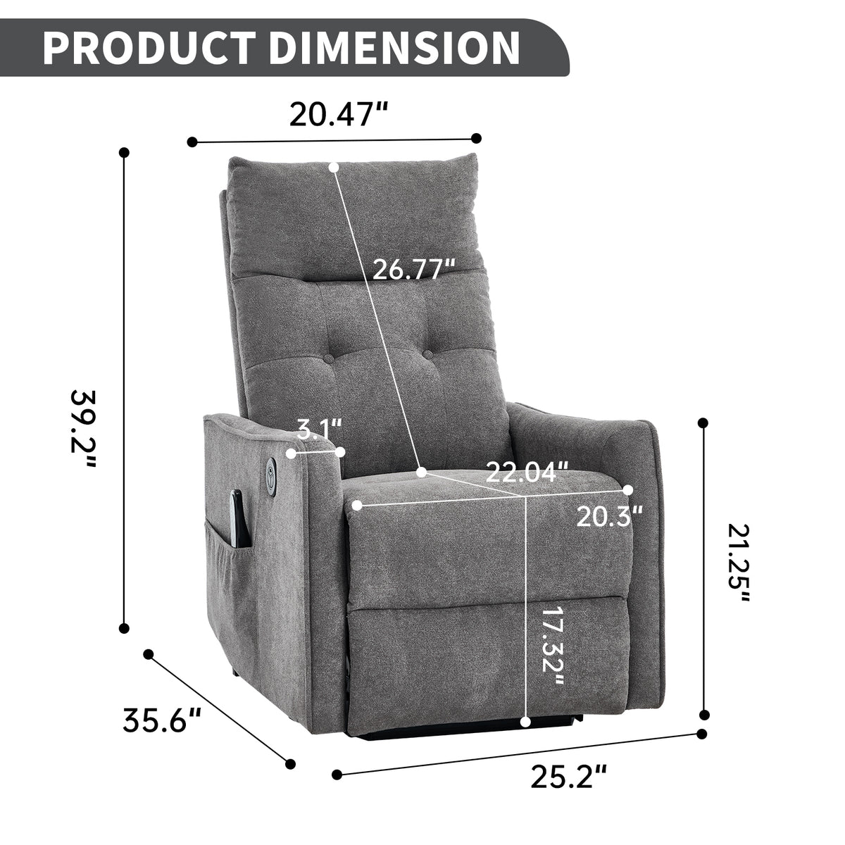 Chenille Single-Motor Power Lift Recliner with Massage & Heat detail image 13