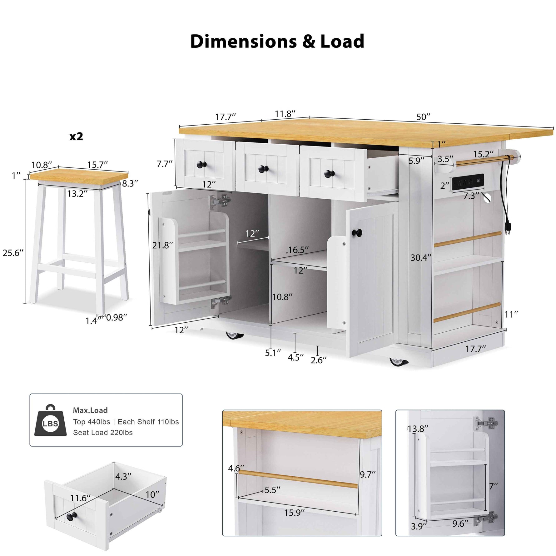 53 in. Farmhouse Kitchen Island with Power Outlet & Stools product view 32