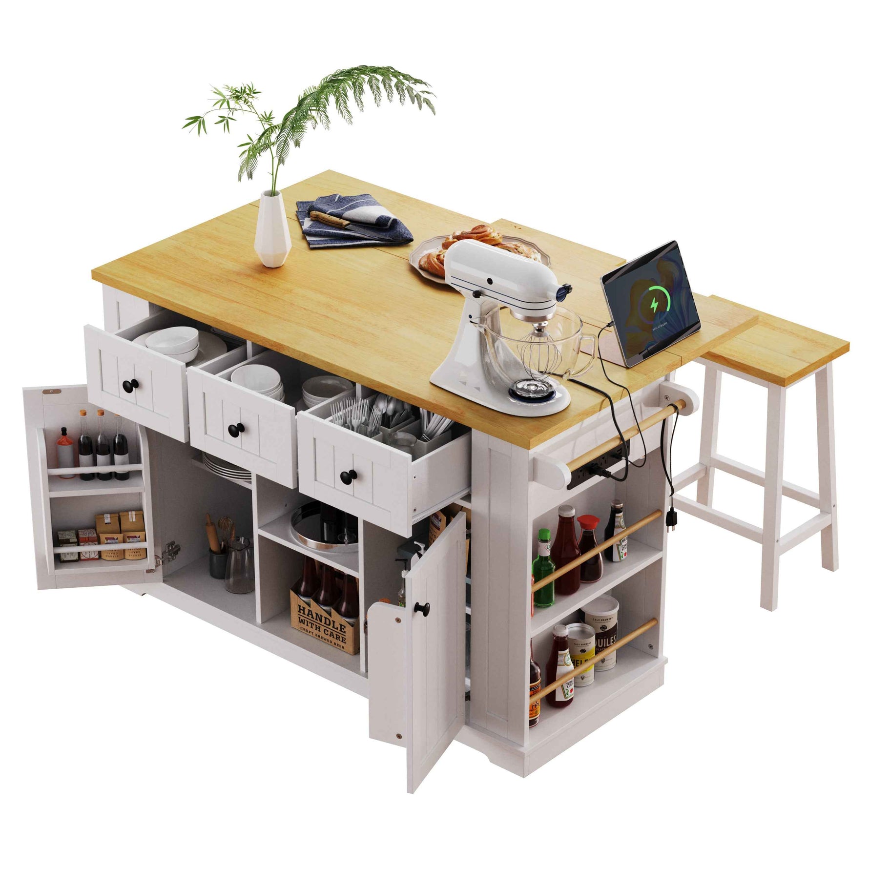 53 in. Farmhouse Kitchen Island with Power Outlet & Stools product view 50