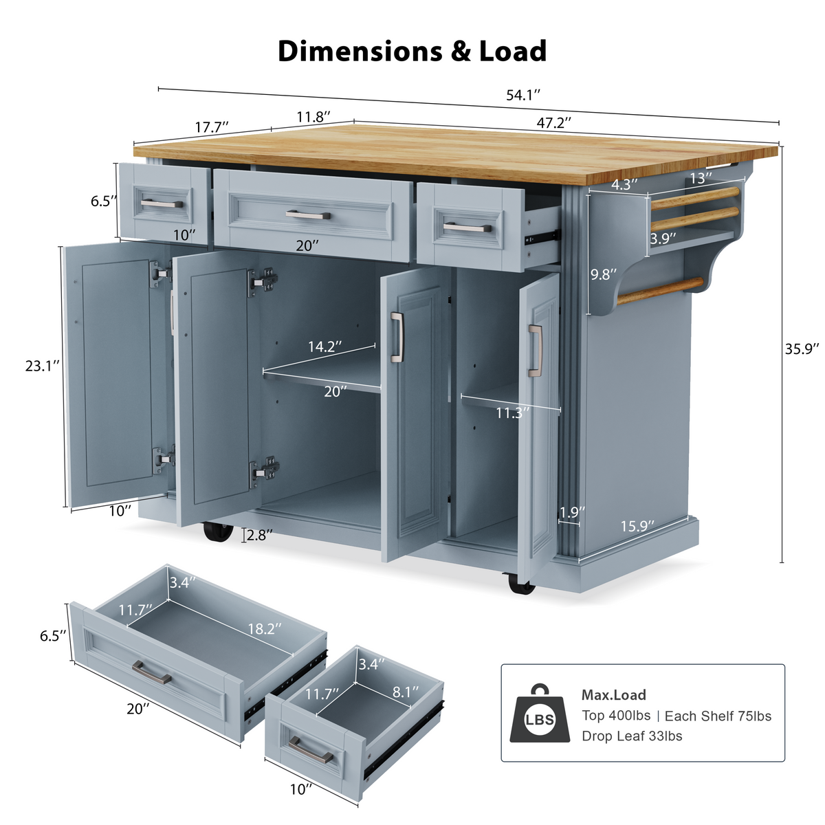 54 in. Rolling Kitchen Island with Drop Leaf & Storage product view 78