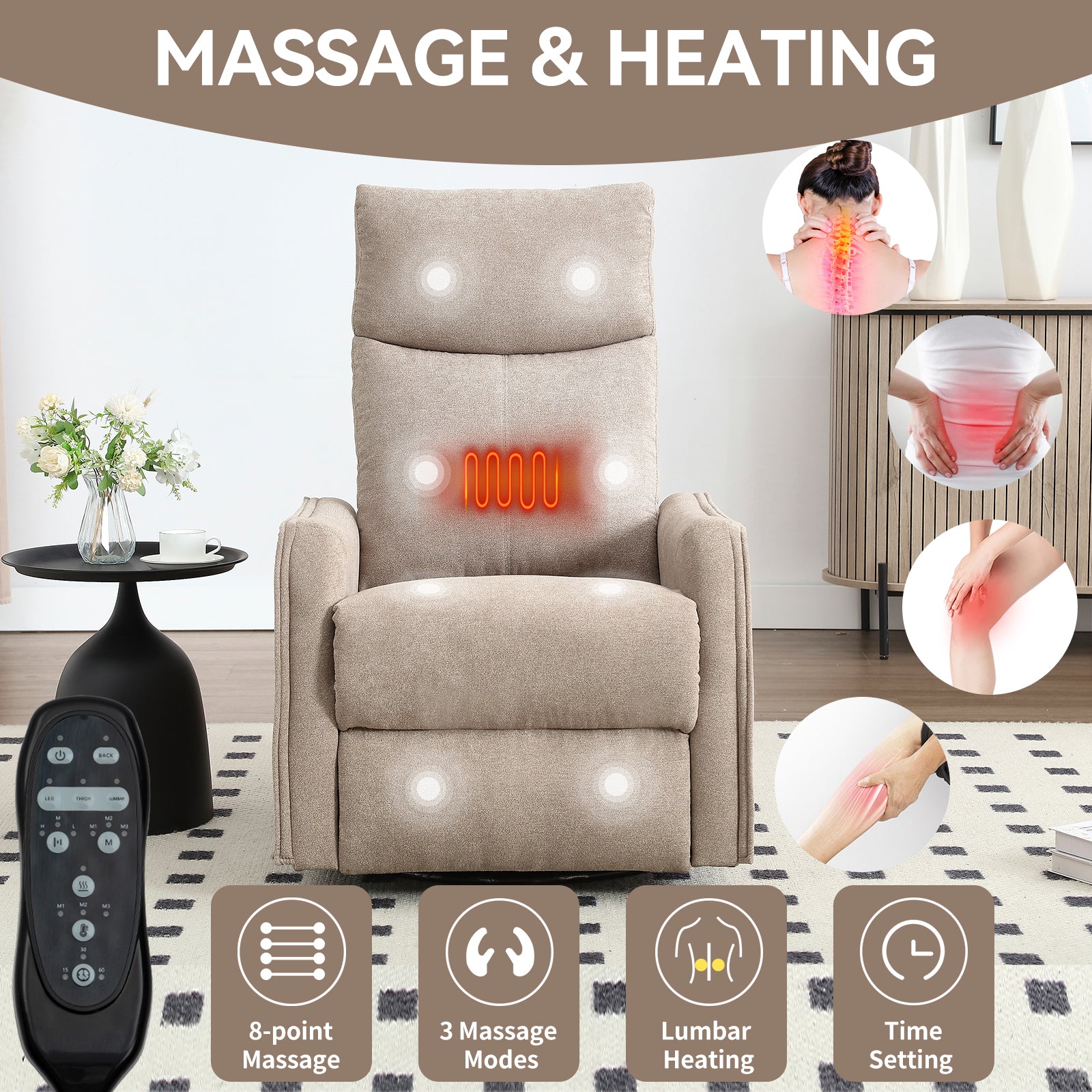 Heat Massage Manual Recliner Chair with Rocker and Swivel in Fabric for Living Room detail image 65