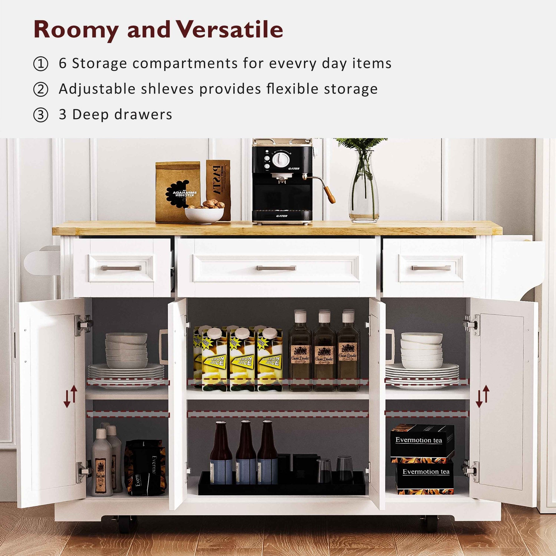 54 in. Rolling Kitchen Island with Drop Leaf & Storage product view 7