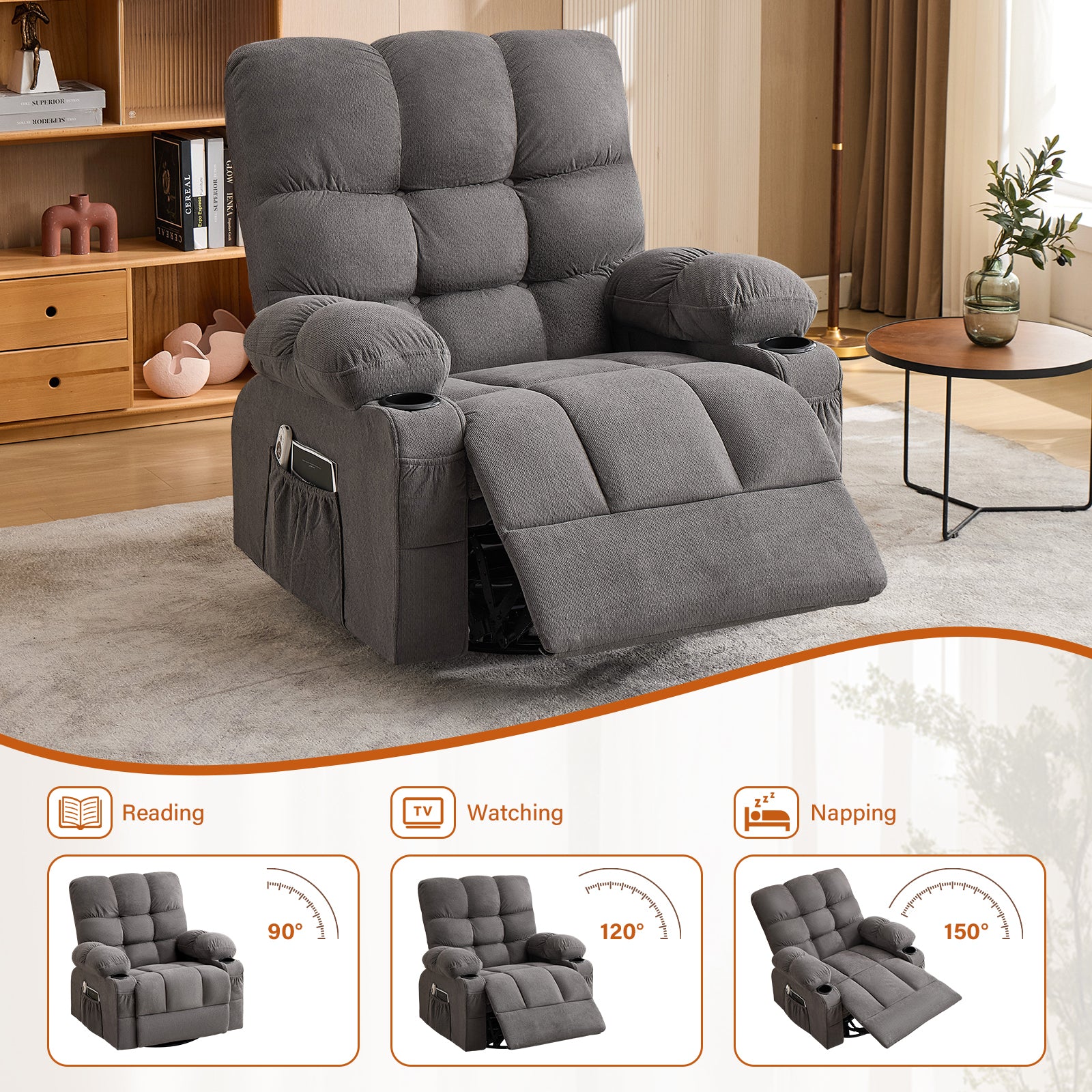 Massage Swivel Rocker Recliner Chair with Vibration, Lumbar Heating, Side Pocket detail image 27