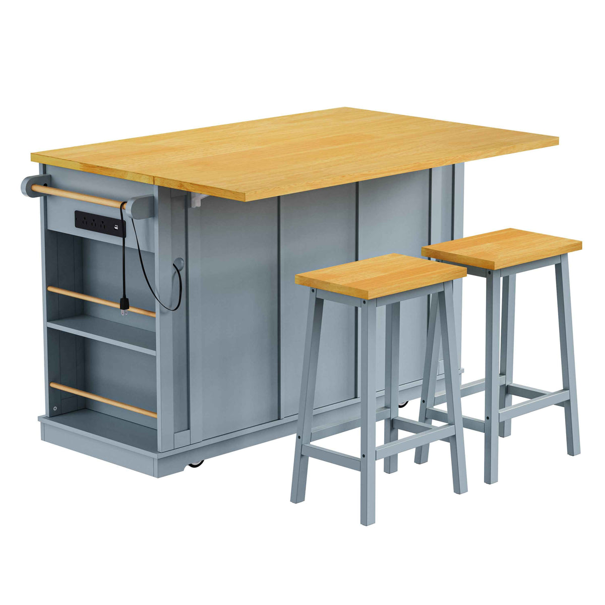 53 in. Farmhouse Kitchen Island with Power Outlet & Stools product view 72